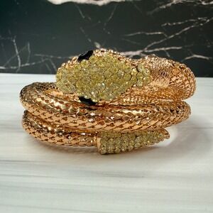 Gold Tone Mesh Snake Wrap Bracelet Yellow Rhinestone Serpent Statement